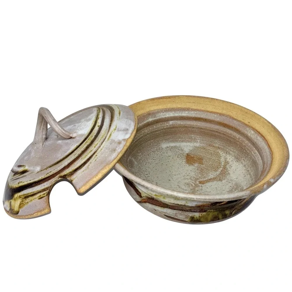 Vintage Studio Pottery Soup Tureen w Lid + 3 Bowls Hand Thrown‎ Stoneware